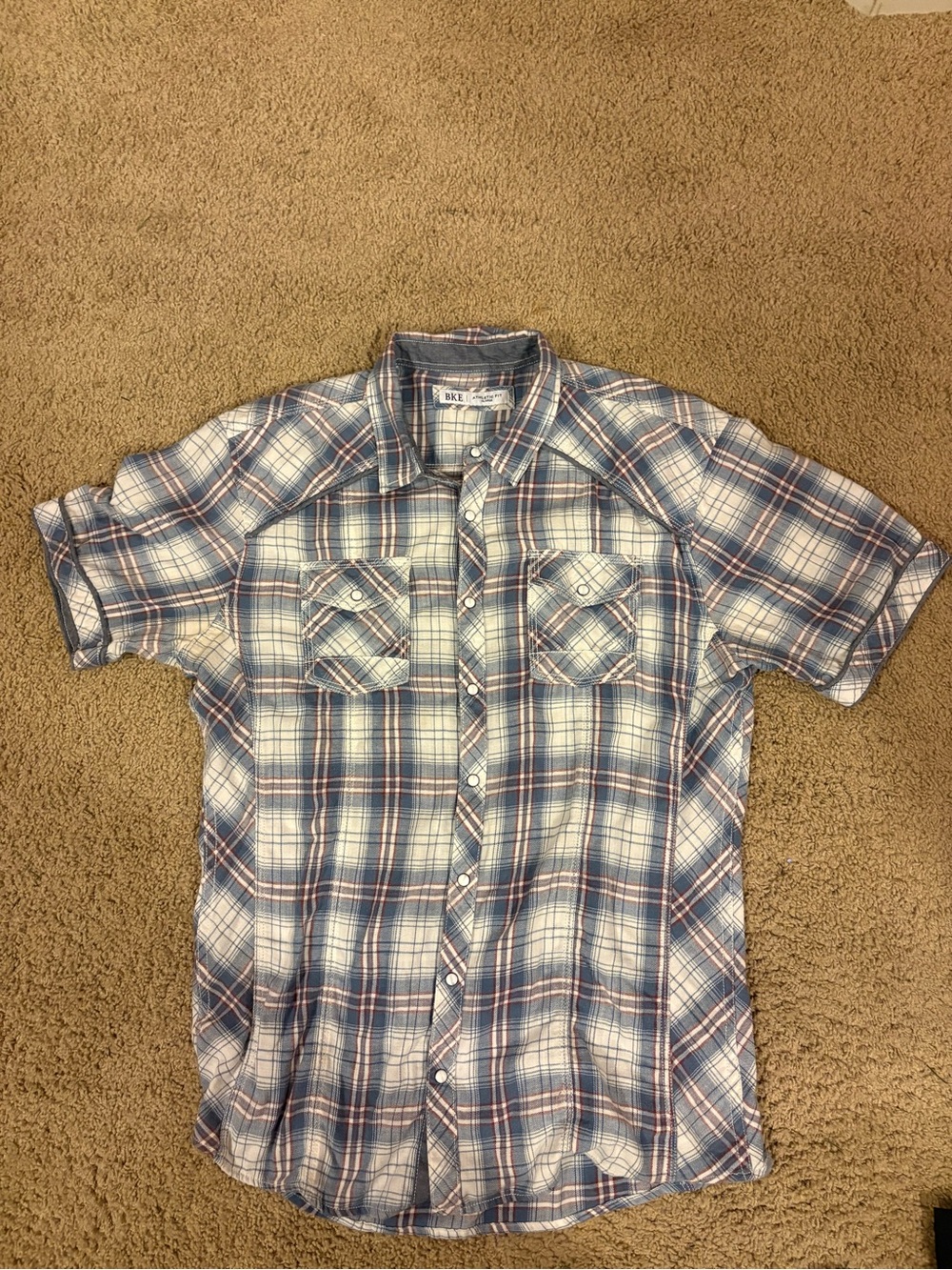 BKE Blue and White Plaid Short-Sleeve Button-Down